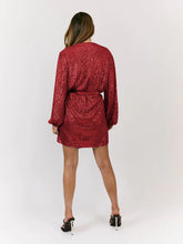 Load image into Gallery viewer, Red Sequin V Neck Loose Sleeve Belted Mini Dress