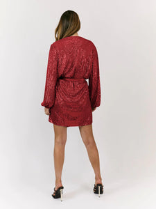Red Sequin V Neck Loose Sleeve Belted Mini Dress