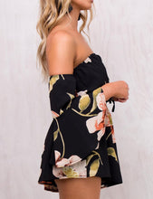 Load image into Gallery viewer, Ruffled Black Floral Off Shoulder Bell Sleeve Shorts Romper