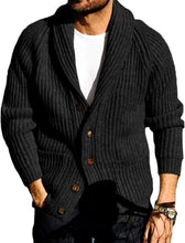 Load image into Gallery viewer, Men&#39;s Black Shawl Ribbed Button Knit Long Sleeve Sweater Cardigan