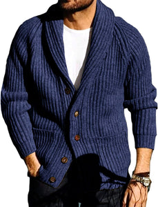 Men's Navy Blue Shawl Ribbed Button Knit Long Sleeve Sweater Cardigan