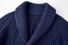 Load image into Gallery viewer, Men&#39;s Navy Blue Shawl Ribbed Button Knit Long Sleeve Sweater Cardigan