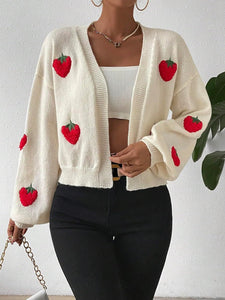 Comfy White Floral Long Sleeve Ribbed Knit Cropped Cardigan Sweater
