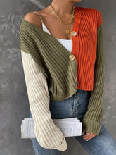 Load image into Gallery viewer, Comfy Yellow/Gray Long Sleeve Ribbed Knit Cropped Cardigan Sweater
