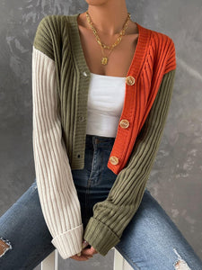 Comfy Vintage Pink/Orange Long Sleeve Ribbed Knit Cropped Cardigan Sweater