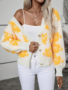 Comfy Yellow/Gray Long Sleeve Ribbed Knit Cropped Cardigan Sweater