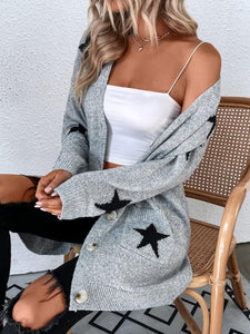 Soft Grey Knit Star Printed Long Sleeve Cardigan