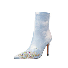 Load image into Gallery viewer, Rhinestone Embroidered Denim Blue Zipper Ankle Boots