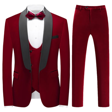 Men's Velvet Wine Red Tuxedo 3pc Dress Suit
