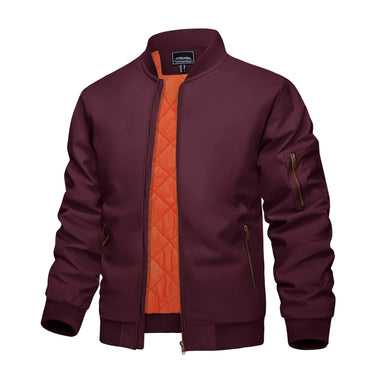 Men's Wine Red Bomber Zip Up Long Sleeve Jacket
