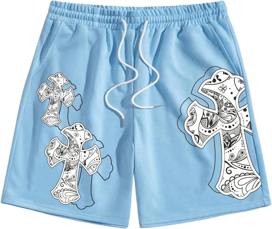 Men's Light Bue Drawstring Cross Printed Summer Shorts