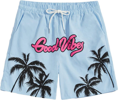 Men's Light Blue Good Vibes Palm Tree Summer Shorts