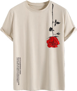 Men's Khaki Rose Graphic Printed Short Sleeve T-Shirt