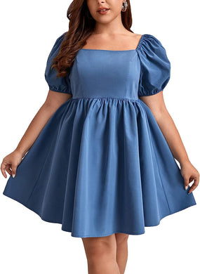 Plus Size Off Shoulder Blue Puff Sleeve A Line Dress