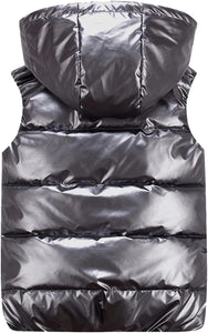Black Hooded Metallic Sleeveless Zip Front Vest