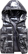 Load image into Gallery viewer, Black Hooded Metallic Sleeveless Zip Front Vest
