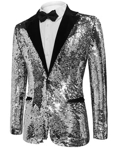 Silver Men's Sequin Glitter Long Sleeve Blazer Jacket