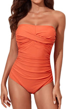 Load image into Gallery viewer, Strapless Orange One Piece Ruched Padded Swimsuit