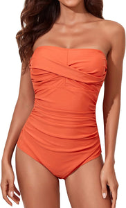Strapless Orange One Piece Ruched Padded Swimsuit