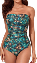 Load image into Gallery viewer, Strapless Green Floral One Piece Ruched Padded Swimsuit