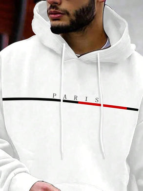 Men's Paris White Long Sleeve Hoodie Pull Over Sweatshirt