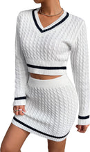 Load image into Gallery viewer, Oxford Striped White V Neck Sweater Top &amp; Skirt Set