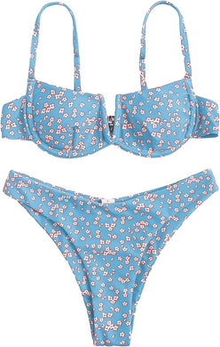 Pastel Blue Floral Print 2pc Bikini Swimwear Set