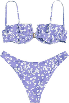 Lavender Purple Floral Print 2pc Bikini Swimwear Set