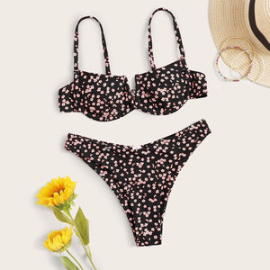 Black Floral Print Pink 2pc Bikini Swimwear Set