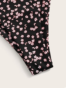 Black Floral Print Pink 2pc Bikini Swimwear Set