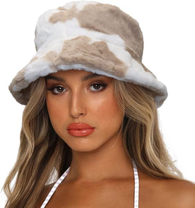 Brown & White Faux Fur Winter Bucket Hat