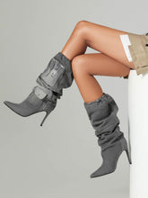 Load image into Gallery viewer, Zippered Denim Style Blue Cargo Ruched Stieltto Mid Calf Boots