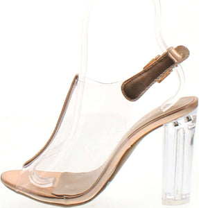 Silver Clear Lucite Ankle Strap Peep Toe Chunky Clear Heel Sandal