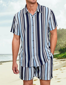 Men's Blue & White Striped Vintage Style Short Sleeve Shirt & Shorts Set