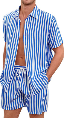 Men's Blue & White Striped Vintage Style Short Sleeve Shirt & Shorts Set