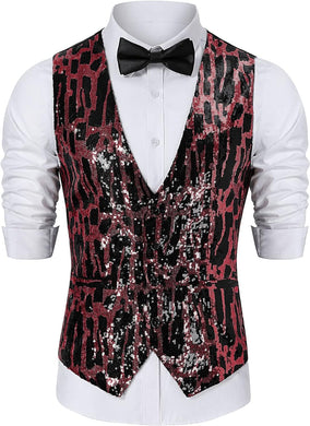 Men's Red Shining Sequin Printed Formal Sleeveless Vest