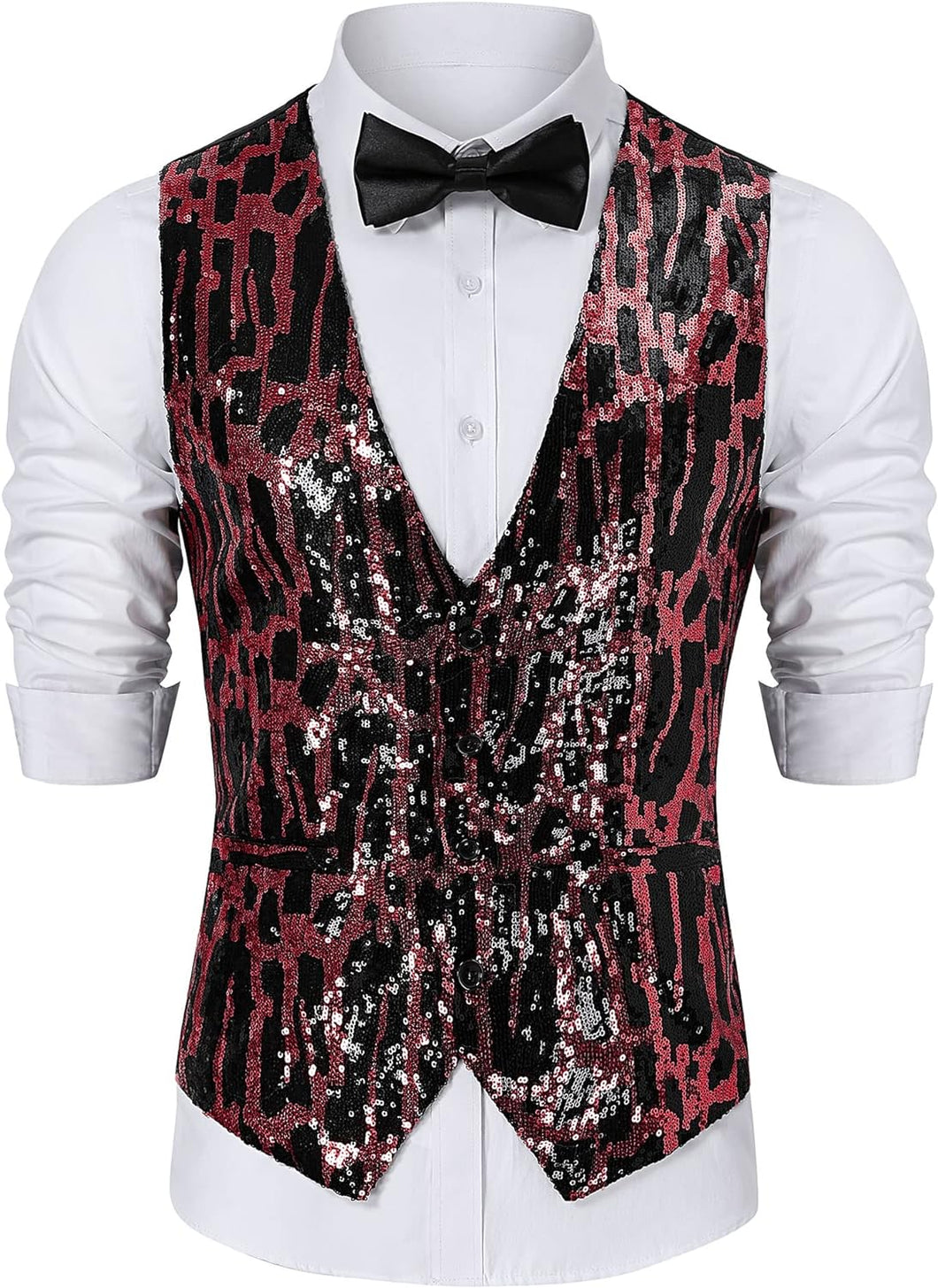 Men's Red Shining Sequin Printed Formal Sleeveless Vest