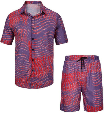Men's Purple Red Print Short Sleeve Shirt & Shorts Set