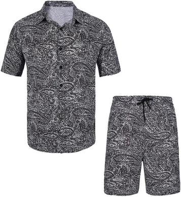Men's Black Print Short Sleeve Shirt & Shorts Set