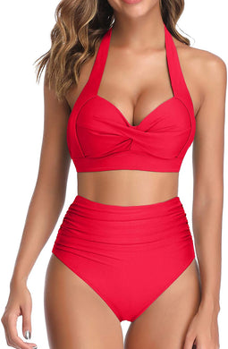 Vintage Style Halter Bright Red Ruched High Waist 2pc Bikini Swimsuit