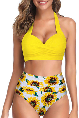 Vintage Style Halter Yellow Sunflower Ruched High Waist 2pc Bikini Swimsuit