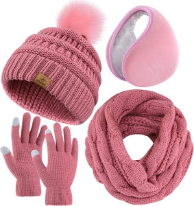 Winter Knit Hot Pink Beanie Hat, Scarf, Ear Muff & Gloves Set