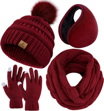Load image into Gallery viewer, Winter Knit Purple Beanie Hat, Scarf, Ear Muff &amp; Gloves Set