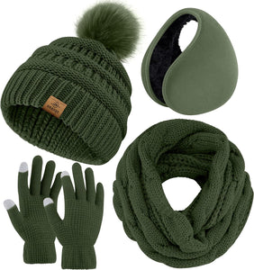 Winter Knit White Beanie Hat, Scarf, Ear Muff & Gloves Set