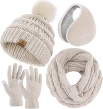Load image into Gallery viewer, Winter Knit Olive Green Beanie Hat, Scarf, Ear Muff &amp; Gloves Set