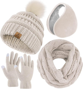 Winter Knit Beige Beanie Hat, Scarf, Ear Muff & Gloves Set