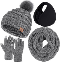Load image into Gallery viewer, Winter Knit White Beanie Hat, Scarf, Ear Muff &amp; Gloves Set