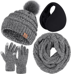 Winter Knit White Beanie Hat, Scarf, Ear Muff & Gloves Set