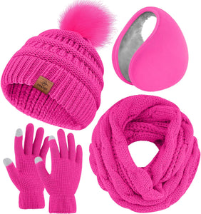 Winter Knit Purple Beanie Hat, Scarf, Ear Muff & Gloves Set