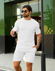 Men's Wavy Textured White Short Sleeve Shirt & Shorts Set